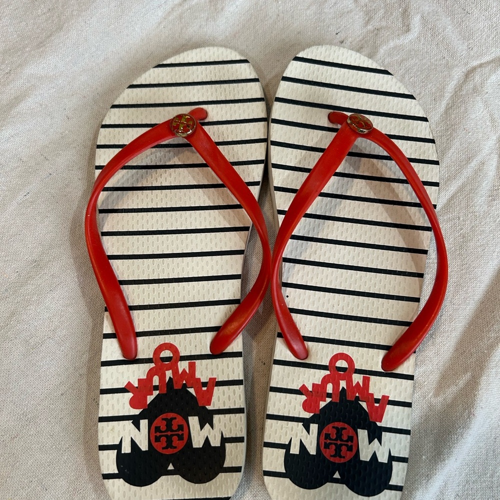 Tory Burch Red and Black Striped Flip Flops